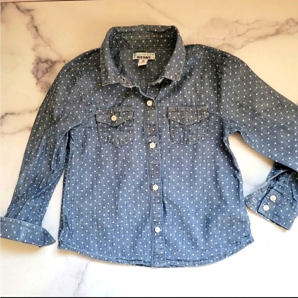 Polka dot button up collared fall shirt denim